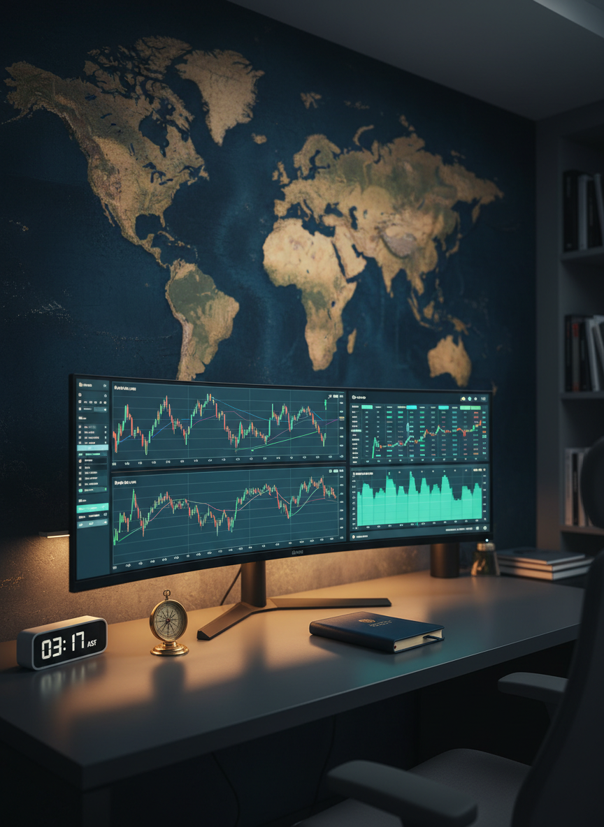 A sophisticated, cinematic wide shot of a dimly lit office featuring a large wall-mounted world map behind a single ultra-wide trading monitor. The monitor displays multiple neatly organized forex charts and a currency strength heat map in cool blues and greens. On the matte charcoal desk below, a small brass compass, a closed navy-blue trading journal, and a minimalist desk clock suggest navigation and timing. Subtle warm accent lighting from an LED strip under the desk edge contrasts with the cooler glow from the monitor, casting gentle reflections on the desk surface. The camera is positioned slightly off-center at eye level, using the rule of thirds to frame the map and monitor. The atmosphere is strategic, global, and composed, with modern photographic realism that conveys foresight, experience, and a big-picture view of the forex markets.