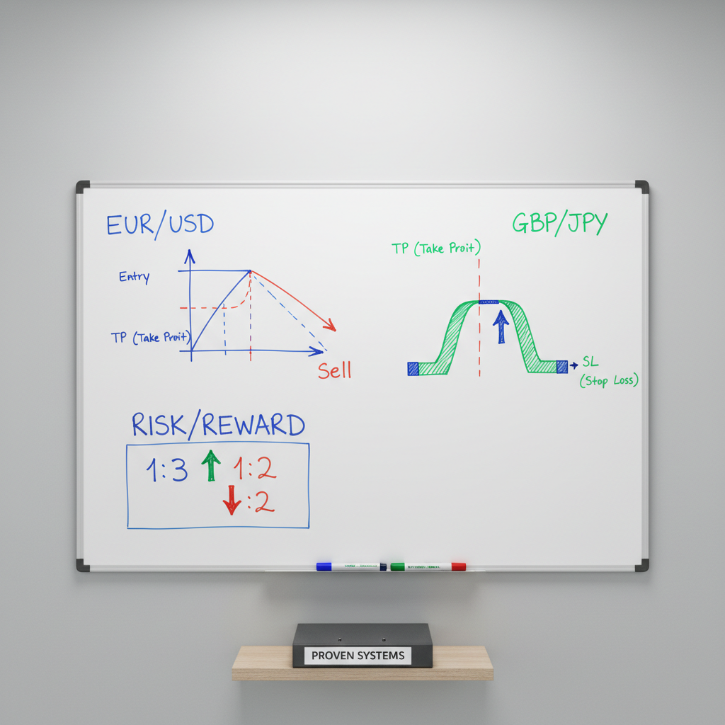 A high-resolution overhead shot of a minimalist whiteboard filled with a structured forex trading plan: clearly drawn price action diagrams, risk-reward ratios, and currency pair labels like EUR/USD and GBP/JPY. Colored markers in blue, green, and red lie neatly arranged at the bottom edge of the frame. The whiteboard is mounted on a soft gray wall, and beneath it a slim floating shelf holds a closed graphite-gray binder labeled "Proven Systems". Bright, diffused office lighting evenly illuminates the scene, eliminating harsh shadows and emphasizing the clean, organized layout. The composition is balanced and symmetrical, with sharp focus across the entire image. The atmosphere feels analytical yet practical, with a photographic, modern style that communicates structure, reliability, and the careful design of robust forex strategies.