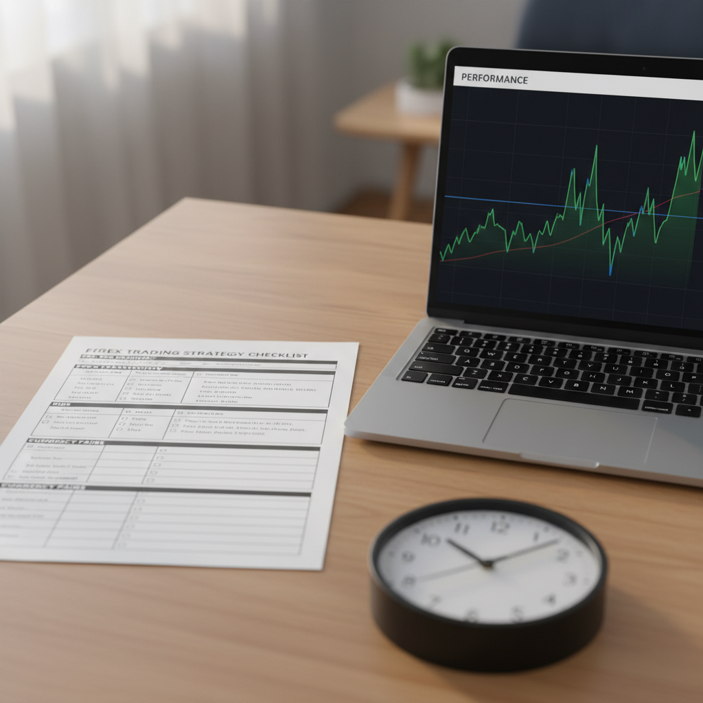 A close-up view of a clean wooden desk where a printed forex trading strategy checklist lies neatly beside a slim silver laptop showing a performance equity curve. The paper shows organized sections labeled with clear headings, risk parameters, and currency pairs, subtly legible but not fully readable. A simple analog clock with a white face and black hands sits near the edge, suggesting a 45-minute session. Soft daylight enters from the left through an unseen window, creating natural highlights on the paper fibers and the brushed metal laptop surface. The composition uses the rule of thirds from a slightly elevated angle, with a shallow depth of field that keeps the checklist and equity curve in sharp focus. The mood is calm, methodical, and reassuring, with photographic realism emphasizing professionalism and thoughtful preparation.